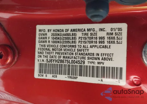 2005 Honda Element Ex from USA, damaged, VIN 5J6YH28675L004529